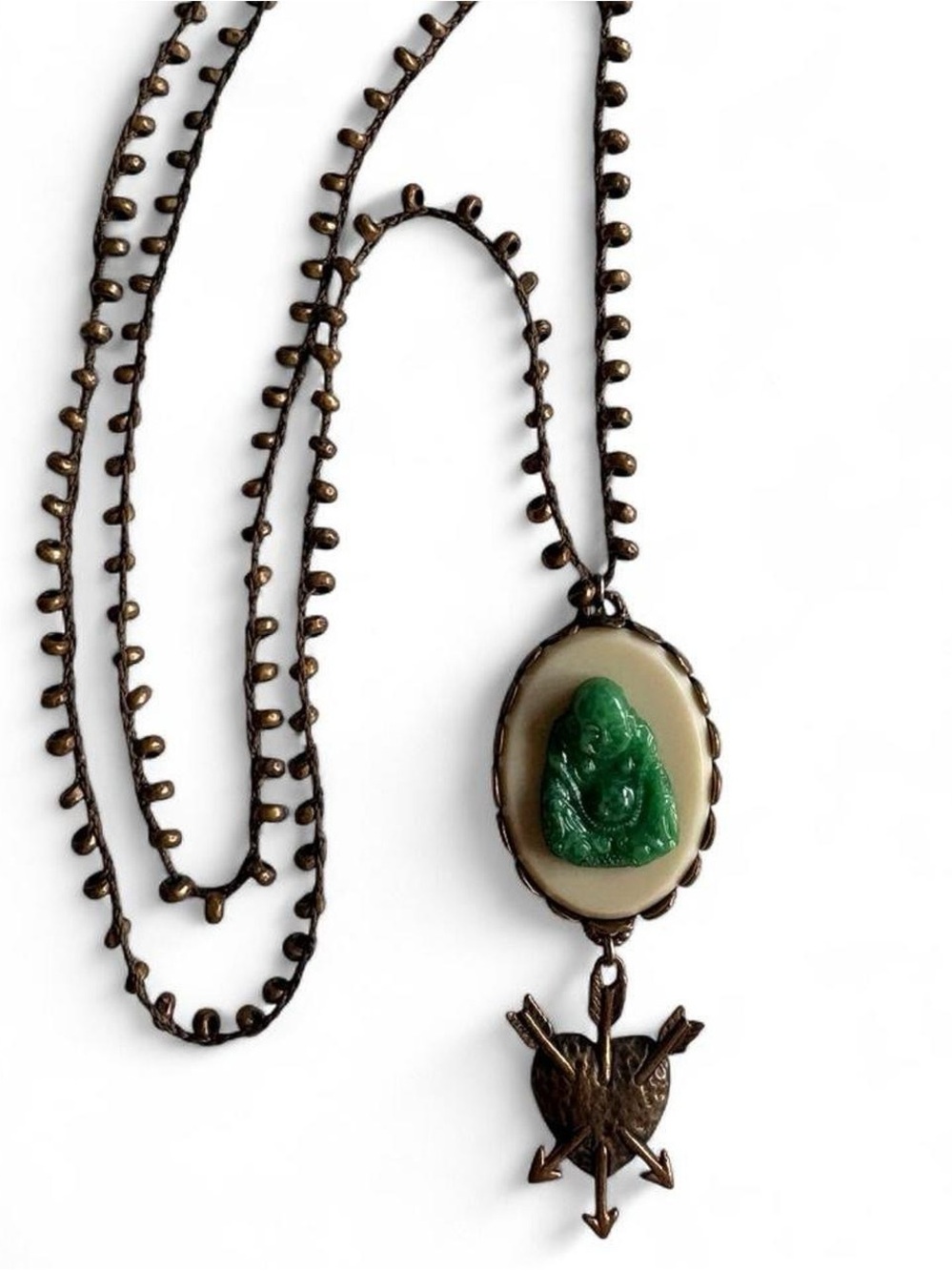 Signed Love Heals Jade Green Buddha Bronze Sacred Heart Bohemian Necklace 🌳